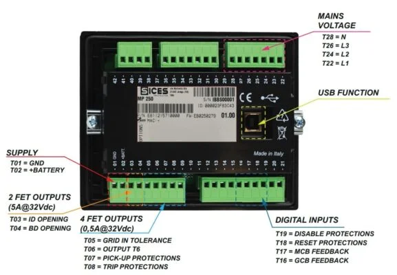 Mặt sau rơ le bảo vệ nguồn MP250